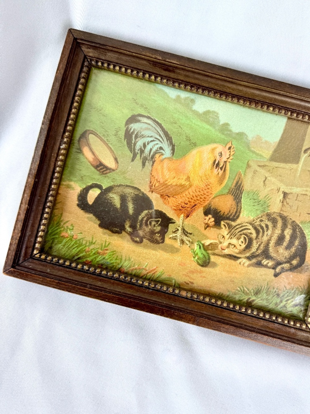 Vintage Wood Framed Farmyard Print Rooster Chicken Cats Frog 8.5 X 6.5 inch